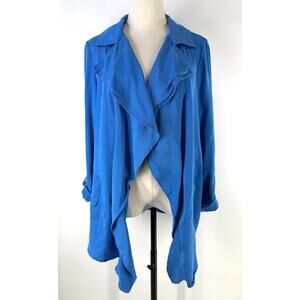 peck & peck Open Drape Front Jacket Blue Cuffed Sleeve Lyocell Soft Pockets L
